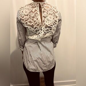 Sandro White and Navy Blue Striped Lace Blouse